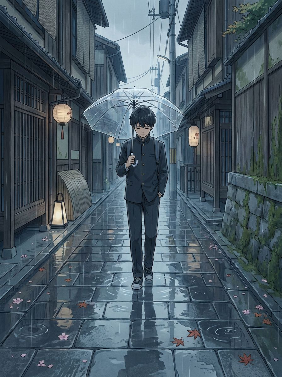京都雨巷少年_Kyoto Rain Alley Anime Portrait